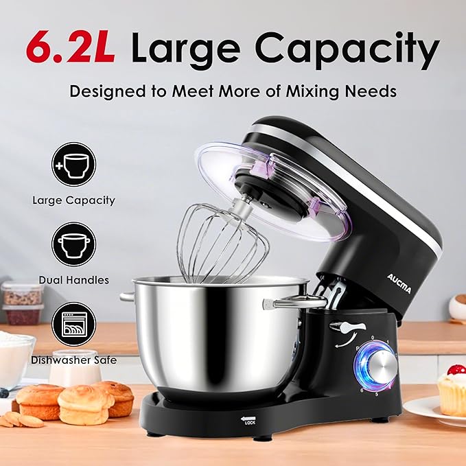 AUCMA 6.2L Stand Mixer | 1400W, 6-Speed, Tilt-Head, Dual Handles, Electric