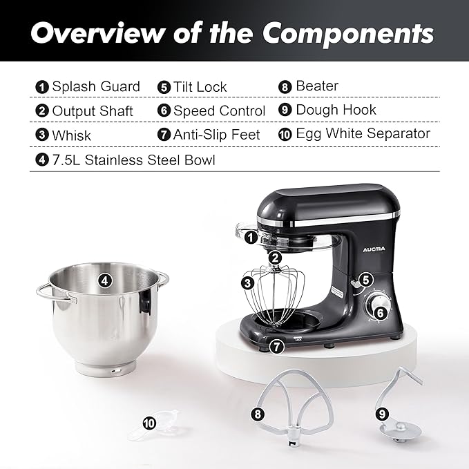 AUCMA 7.5L Stand Mixer | 1400W, 6-Speed, Tilt-Head, Dual Handles, Electric