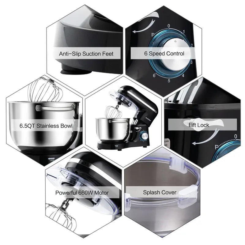 AUCMA 6.5QT Stand Mixer | 660W, 6-Speed, Tilt-Head, Electric