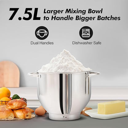 AUCMA 7.5L Stand Mixer | 1400W, 6-Speed, Tilt-Head, Dual Handles, Electric