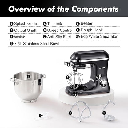 AUCMA 7.5L Stand Mixer | 1400W, 6-Speed, Tilt-Head, Dual Handles, Electric