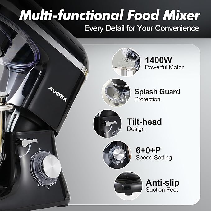 AUCMA 7.5L Stand Mixer | 1400W, 6-Speed, Tilt-Head, Dual Handles, Electric